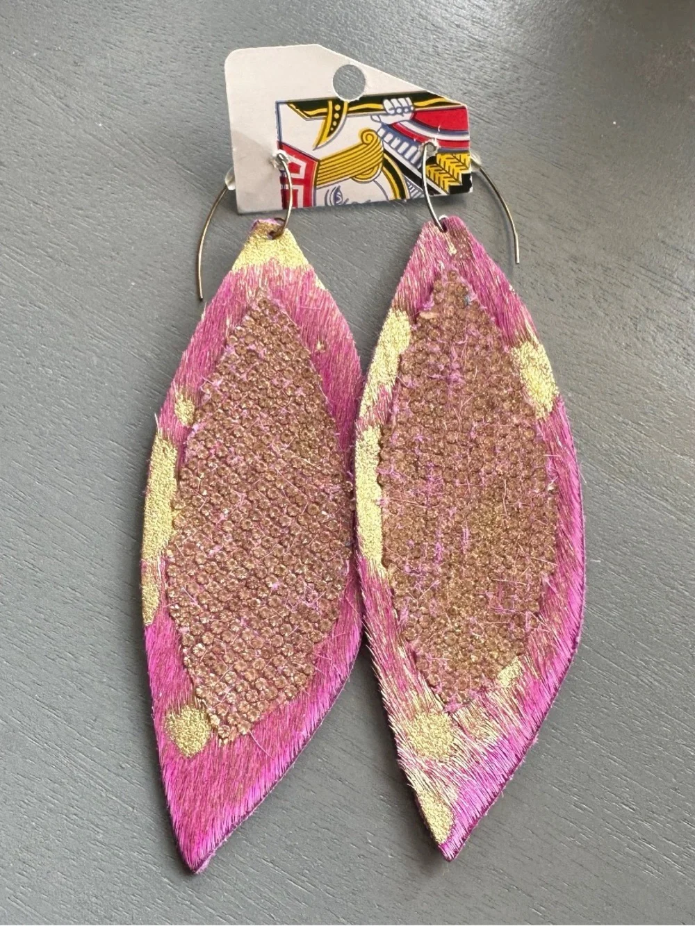 Sandra Ling hot pink & gold metallic earrings, pinched leaf design hair on hide
